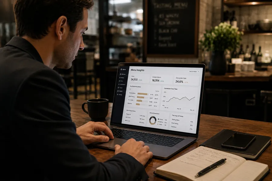 Restaurant owner reviewing menu analytics dashboard with views and conversion data